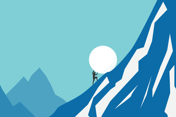 Strong business man pushing big rock uphill, surreal. Symbol of strength, courage, power. lifting a heavy ball. business illustration. huge stone up. problem crisis. 