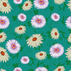 pattern, on a green background, colorful flowers, vector illustration,