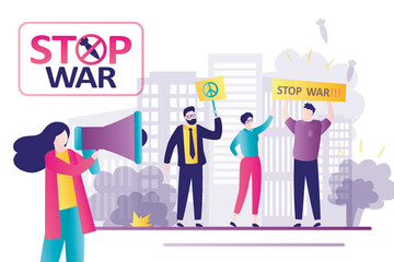 Group of demonstrators protest against military action and weapons. Stop war, concept. People are protesting against start of the war. Movement of pacifism, for world peace.