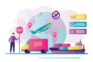 Naklejka premium Transport restrictions. Sanctions on movement of goods and cargo. A ban on overflight of aircraft over the country. Trade wars. Border guard with stop sign.