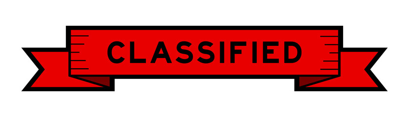 Vintage red color ribbon banner with word classified on white background