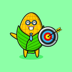 Cute cartoon corn businessman holding target and arrow with happy expression in 3d modern style design