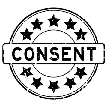 Grunge black consent word with star icon round rubber seal stamp on white background