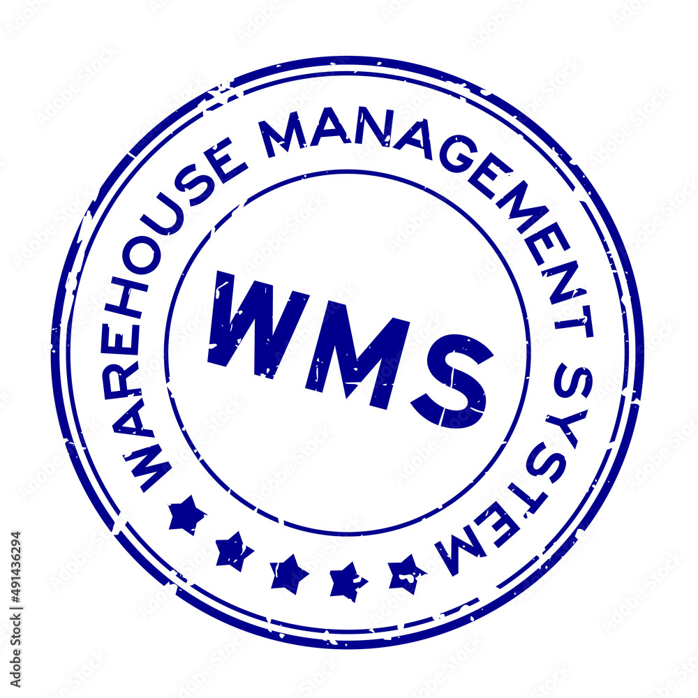 Sticker Grunge blue WMS warehouse management system word round rubber seal stamp on white background