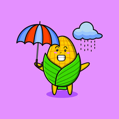 Obraz premium Cute cartoon corn character in the rain and using an umbrella in 3d modern style design