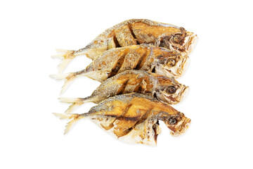 Deep fried fishes white background with clipping path, top view