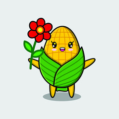 Cute cartoon corn character holding red flower in concept 3d cartoon style