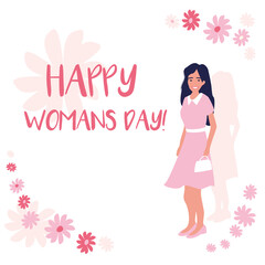 Women's History Month. International women's day poster. Postcard on March 8. Woman sign. Elegant greeting card design with illustration of beautiful young girl with long hair. Flat style.	
