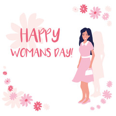 Women's History Month. International women's day poster. Postcard on March 8. Woman sign. Elegant greeting card design with illustration of beautiful young girl with long hair. Flat style.	
