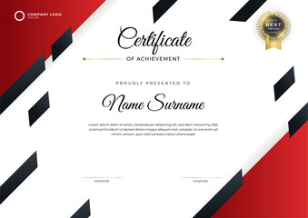 Modern red certificate template and border, for award, diploma, and printing. Red elegant certificate of achievement template with gold badge and border