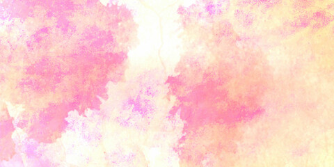 Abstract watercolor background with watercolor splashes and Scanned painted watercolor texture. Hand painted wash on cotton paper. Pastel pink and yellow quarelle painted paper template texture.