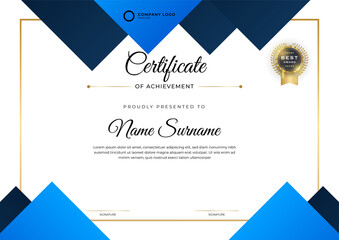 Modern blue certificate template and border, for award, diploma, and printing. Blue elegant certificate of achievement template with gold badge and border