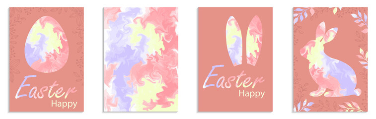 Happy Easter. Rabbit, egg, silhouette marble pattern. Set of cards for banner, greeting cards, invitations. Celebration a4 template. Vector illustration.