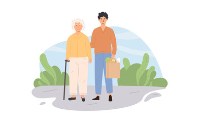Male caretaker and elderly woman outdoors. Volunteer helping grandma. Scene of social worker with senior person helping to do grocery shopping. Nursing or retirement home services. Vector illustration - obrazy, fototapety, plakaty