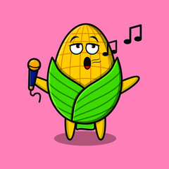 Cute cartoon corn singer character holding mic in 3d modern style design