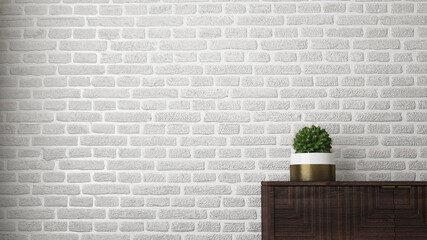white brick wall cactus in pot