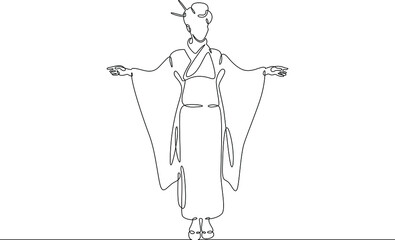 One continuous line.Japanese woman in traditional street costume. National dress of Japan.Continuous line drawing.Line Art isolated white background.