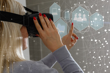 online virtual glasses icons. woman touch virtual hologram