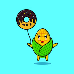Cute cartoon corn floating with donuts balloon cartoon vector illustration in concept 3d cartoon style