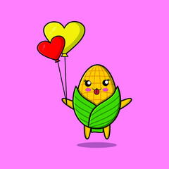 Cute cartoon corn floating with love balloon cartoon vector illustration in concept 3d cartoon style