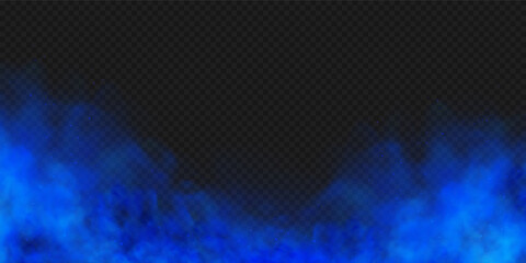 Blue smoke isolated on dark transparent background. Realistic blue magic mist cloud. Realistic vector illustration.