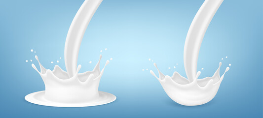 Fototapeta na wymiar Vector realistic milk splash. Milk crown splash set isolated on blue background