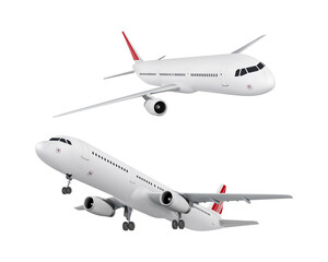 Realistic aircraft. Passenger plane in different views. Vector 3D model of an airplane isolated on white background.