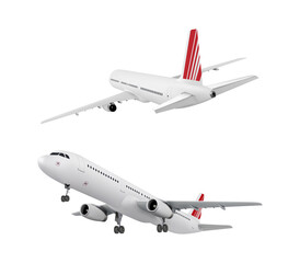 Realistic aircraft. Passenger plane in different views. Vector 3D model of an airplane isolated on white background.