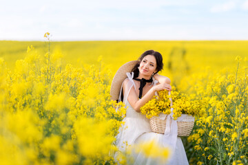 Fototapeta premium beautiful woman collects yellow rapeseed flowers in a large basket. A girl in a white dress in a rapeseed field