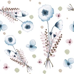 Seamless watercolor floral pattern - white blue flower bouquet and branches composition on white background for wrappers, wallpapers, postcards, greeting cards, wedding invitations, romantic events.