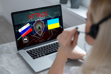 cyber attack with russian flag on ukraine, icons
