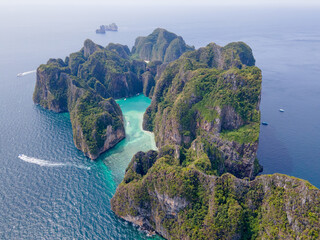 Top and aerial view of Pileh lagoon in Phi Phi island of Thailand show beautiful area with green...