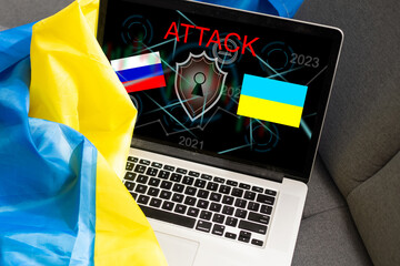 cyber attack with russian flag on ukraine, icons