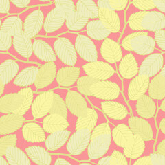 Seamless pattern with elm tree branches and leaves on light Coral background for surface design, wallpaper, fabrics, home decor. Monochrome pastel realistic line art