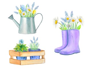 Watercolor garden spring set with rubber boots, watering can ,flowers - obrazy, fototapety, plakaty