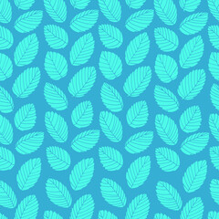 Fototapeta na wymiar Seamless pattern with elm tree branches and leaves on blue background for surface design and other design projects. Monochrome realistic line art