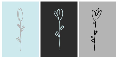 Decor printable art. Set of hand drawn flowers vector illustrations on abstract backgrounds for home interior design. Contemporary art for prints, posters, cards, textile