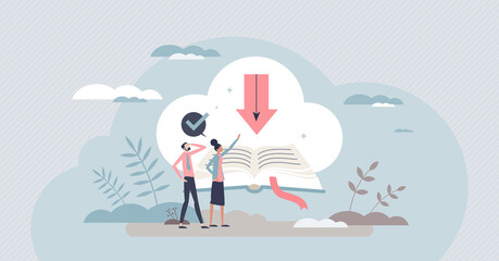 Online education and distant knowledge learning course tiny person concept. Remote virtual teaching using cloud technology for network library access vector illustration. Student web book resources.