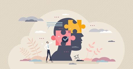 Decision mind puzzle and problem solving in head or brain tiny person concept. Analysis process with symbolic jigsaw puzzle pieces vector illustration. Smart psychological and mental thoughts thinking