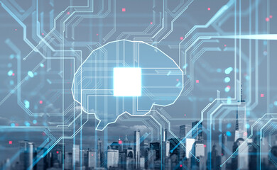 New York city skyscrapers financial downtown panoramic view. Digital interface