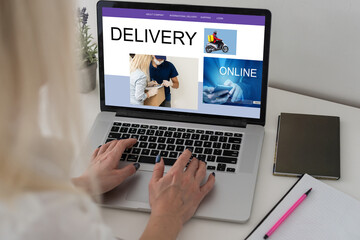 Online ecommerce store, dropshipping business website concept. laptop computer, shipping boxes, retail marketplace, warehouse delivery background, banner.