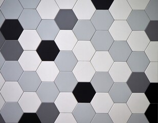 Modern tiled floor with hexagonal tiles. Colors are black,white, light and dark gray randomly...