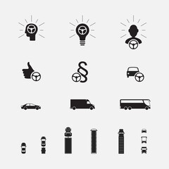 Transport vehicle and steering wheel icon set. Laws, success, drivers in transportation. Vector illustration isolated on white background, eps 10