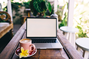 Selective focus on cup of aroma cappuccino with flower standing at cafe table near blurred laptop with copy space area for your coffee advertising,blank screen on digital netbook and caffeine beverage
