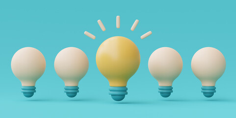 Creative ideas with one glowing light bulb among extinguished, Think different idea concept,minimal style,3d rendering.