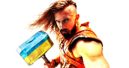 Conceptual collage with brave, courage man, warrior with huge hammer painted in blue-yellow colors...