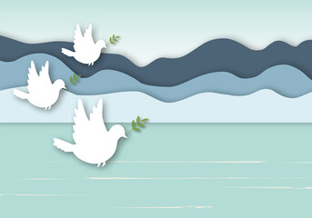 White dove or pigeon carrying olive branch flying over mountains and river background, Concept for World Peace Day, International Day of Peace, space for the text, paper cut design style.