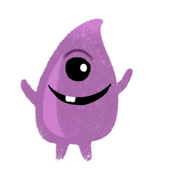 Cute cartoon violet purple drop shape monster with smile. Funny character children illustration. Isolated on white background