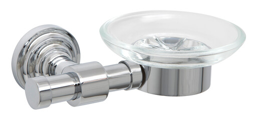 Soap dish for used in bathroom. Made with glass and aluminum. It is isolated in the white background.