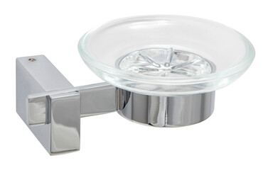 Soap dish for used in bathroom. Made with glass and aluminum. It is isolated in the white background.